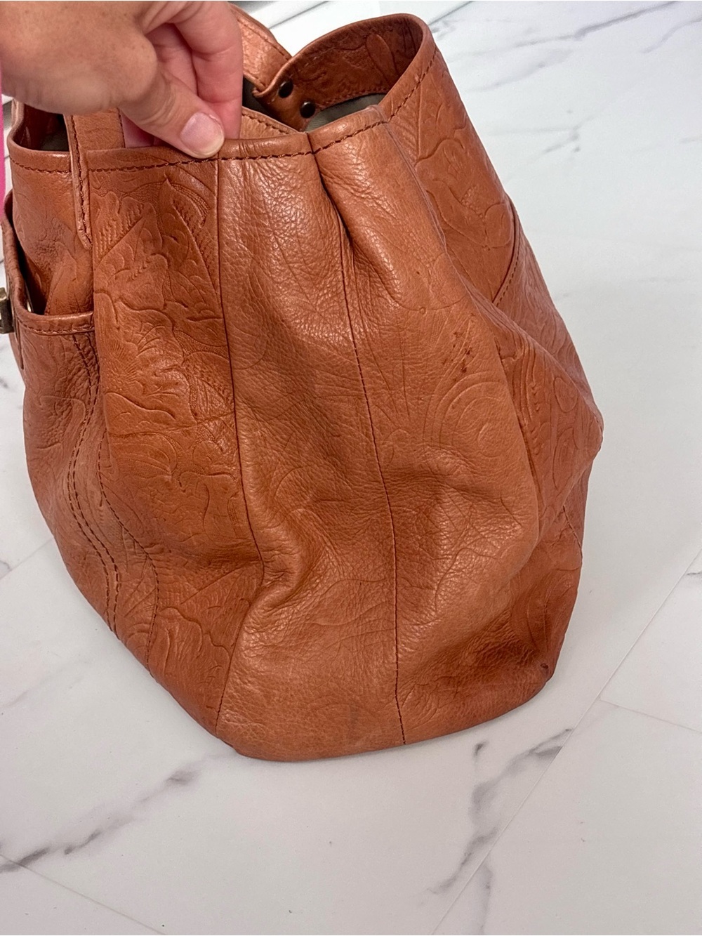 American Leather Co Brown Genuine Leather Embossed Shoulder Bag Boho Western - Picture 9 of 16